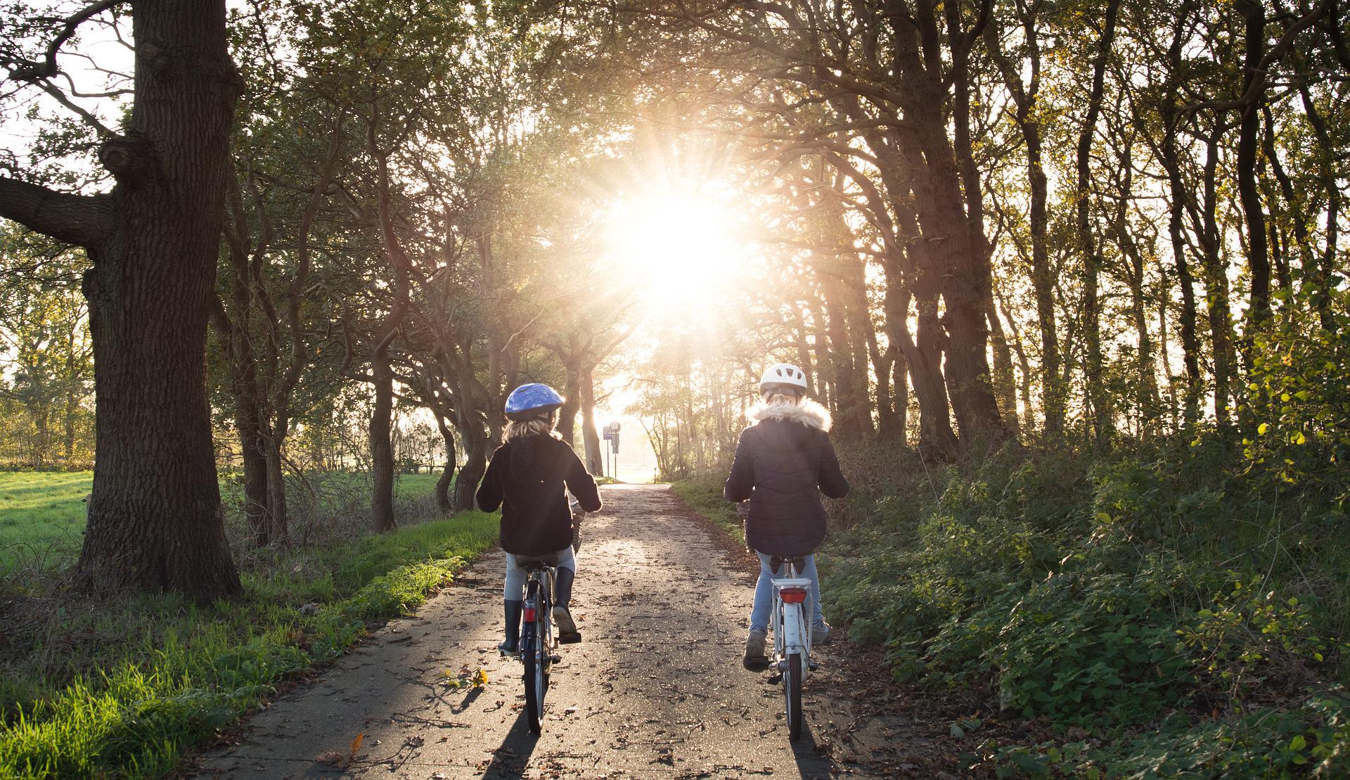 Two people riding on a bike trail